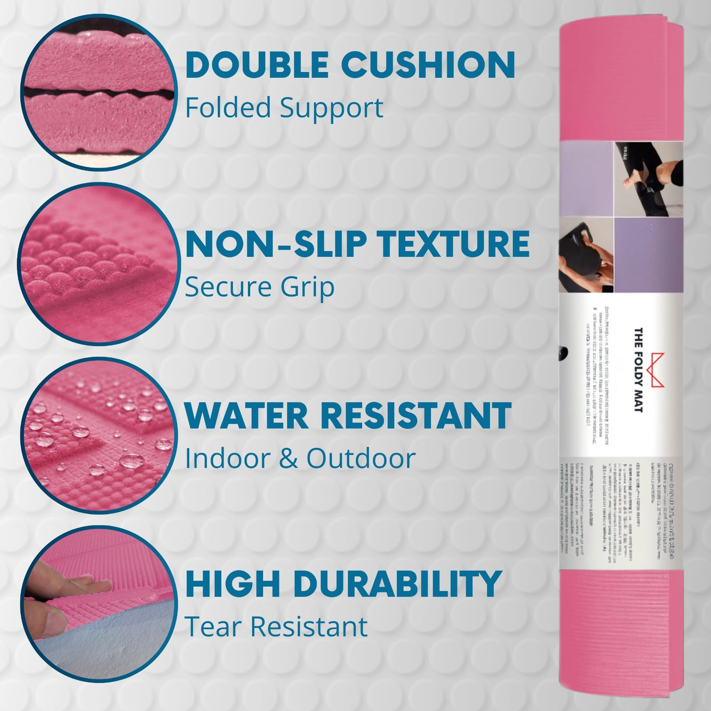 The Foldy Mat rolled up in pink, showing the double cushion, non-slip texture, water resistance and durability