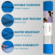 The Foldy Mat rolled up in blue, showing the double cushion, non-slip texture, water resistance and durability
