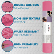 The Foldy Mat rolled up in pink, showing the double cushion, non-slip texture, water resistance and durability