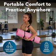 A woman carrying the rolled Foldy Mat over her shoulder with the included strap